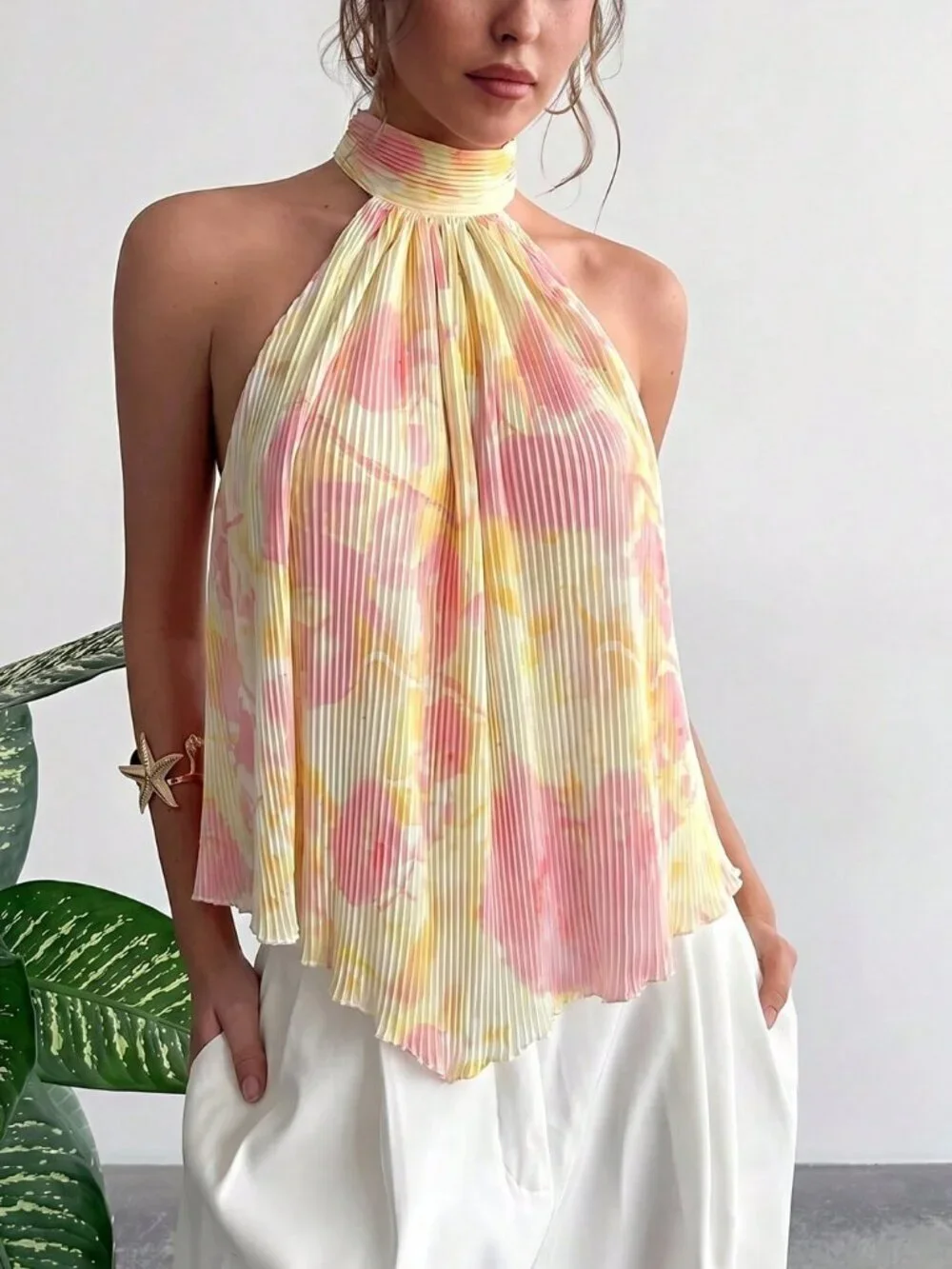 Boho Women's Floral Print Ruched Halter Neck Blouse